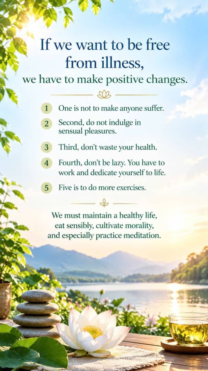 Positive changes for a healthy life, with a peaceful lake, lotus flower, meditation stones, and tea.