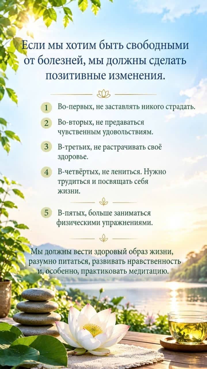 Позитивные изменения для здоровой жизни: спокойное озеро, цветок лотоса, камни для медитации и чашка чая.