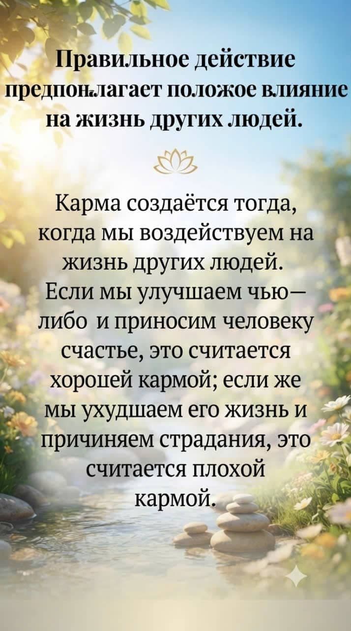 Правильные поступки и карма, показывающие, как помощь другим создаёт хорошую карму, а причинение страданий — плохую карму.
