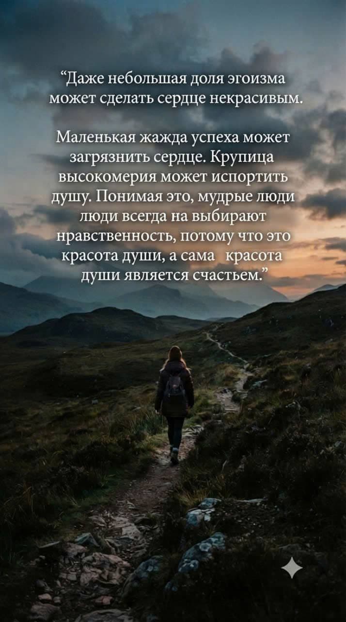 Человек в одиночестве идёт по горной тропе на закате, символизируя принятие печали и путь к внутреннему покою.