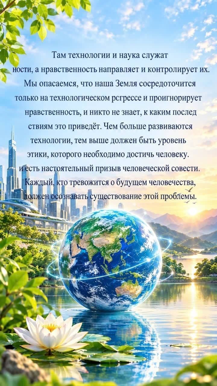 Футуристический город и сияющая Земля, символизирующие развитие технологий, мораль и будущее человечества.