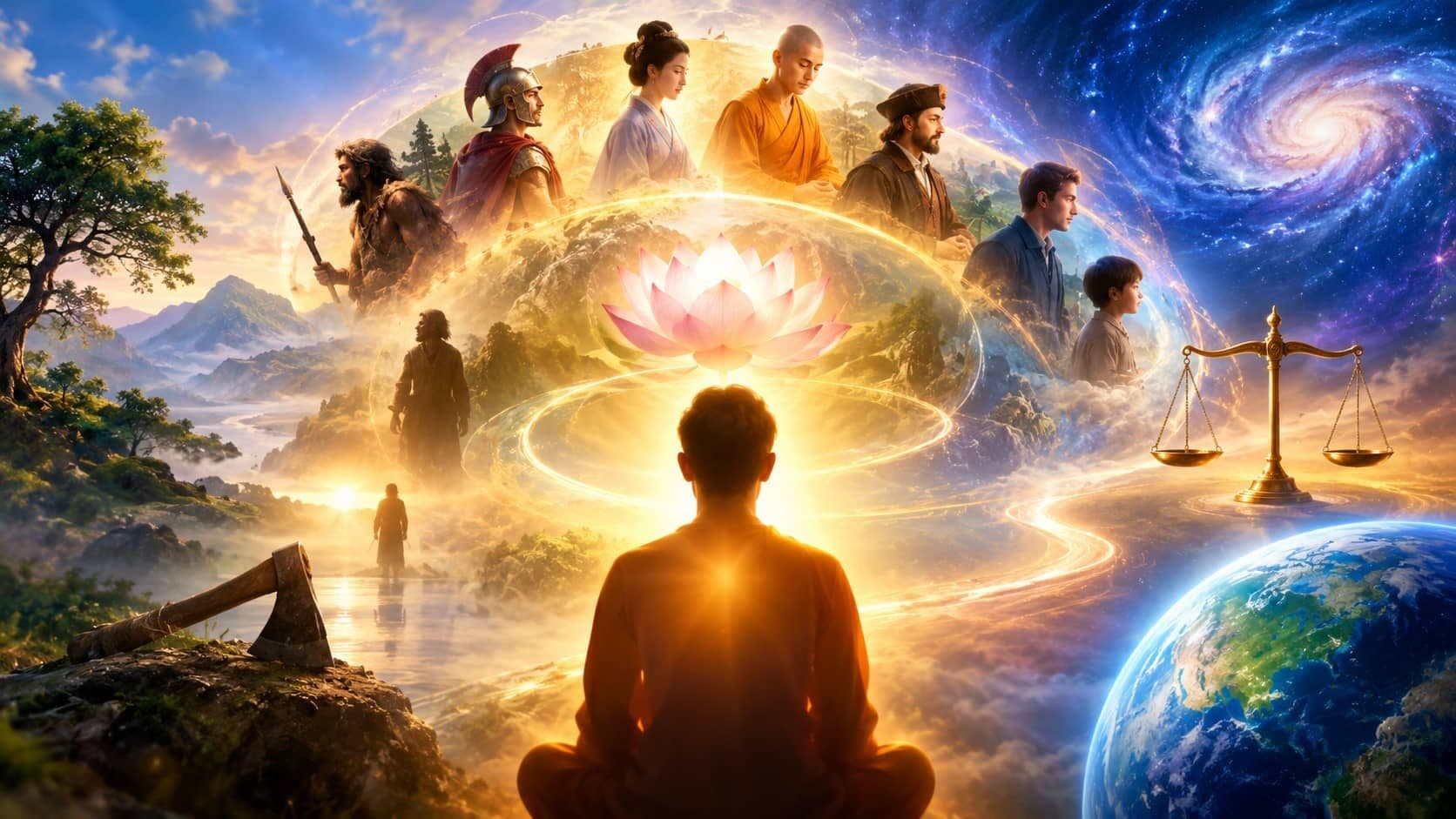 Reincarnation and the law of karma symbolizing previous lives and the cycle of rebirth
