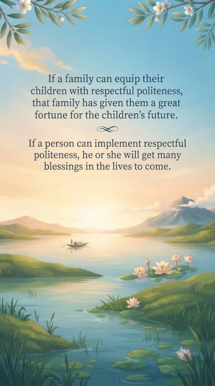 Peaceful lake landscape with flowers and mountains illustrating the value of respectful politeness, family values, and blessings for the future.