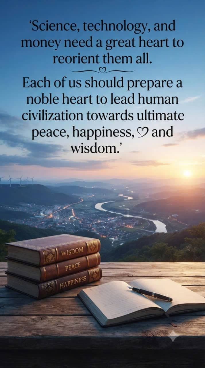 Inspirational quote about science, technology, and a noble heart leading to peace, set against a scenic sunrise landscape with books and a notebook.