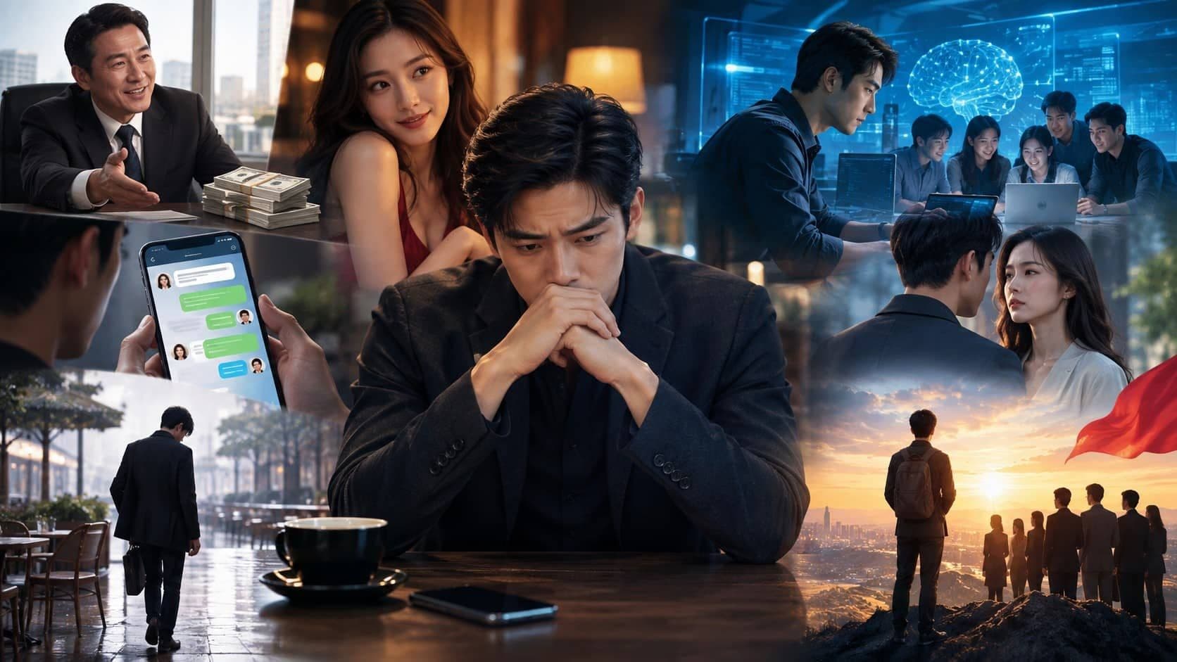 A man facing temptation from money, romantic love, and career opportunities while struggling to remain loyal to his company and colleagues.
