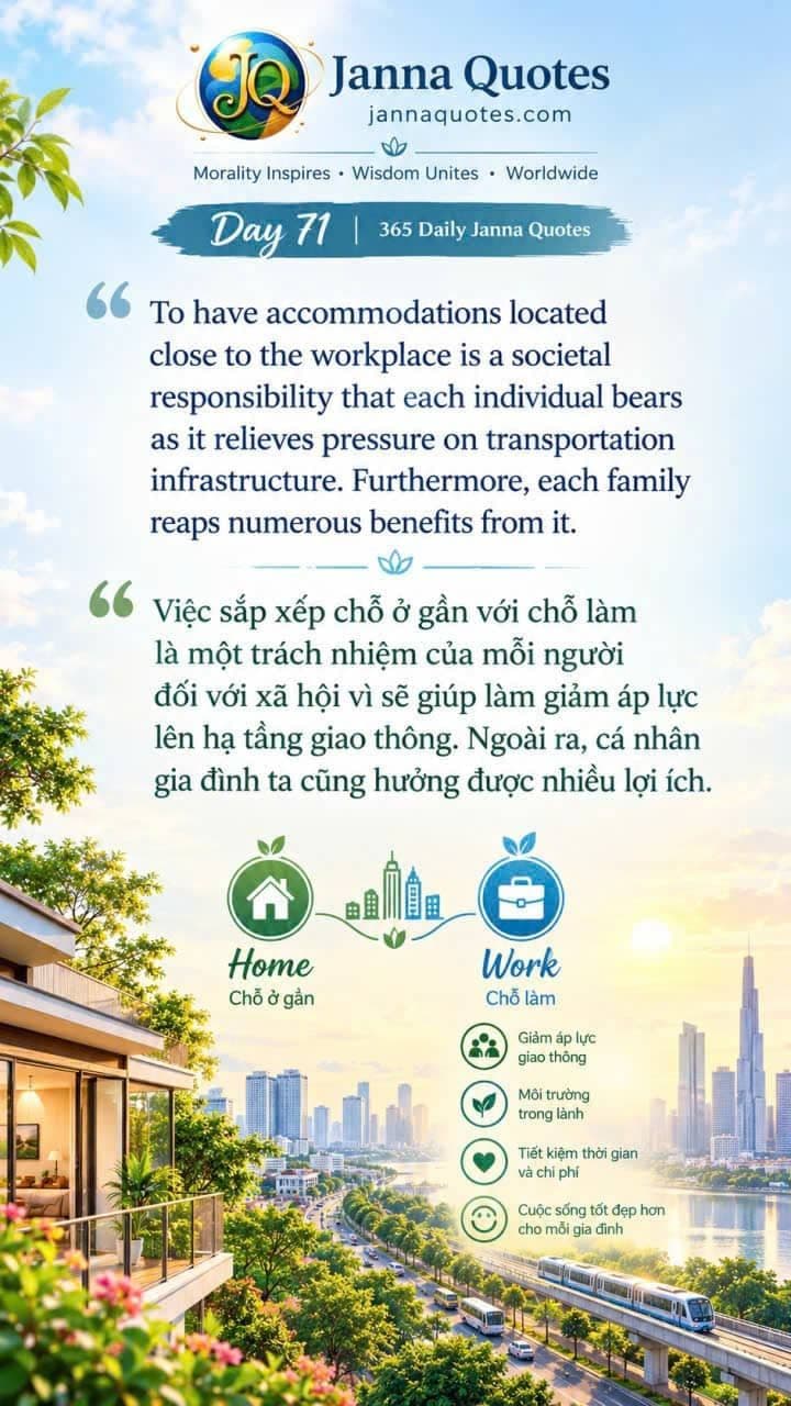 Infographic Janna Quotes Ngày 71 về việc sắp xếp chỗ ở gần chỗ làm, giảm áp lực giao thông và lợi ích gia đình.