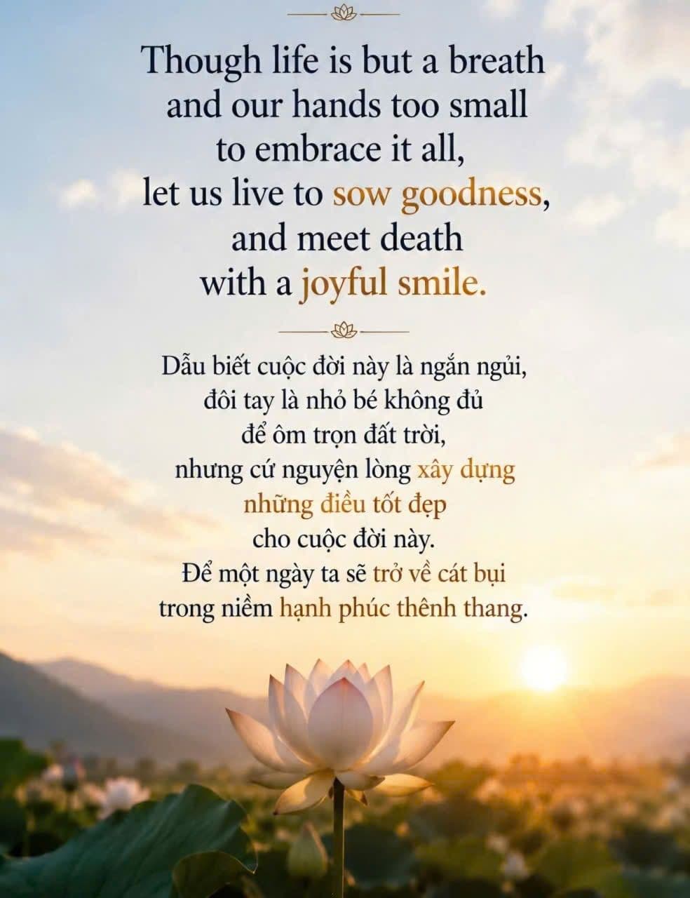 Đoá sen trắng trước dãy núi lúc bình minh, kèm lời nhắc dẫu đời ngắn ngủi vẫn cứ gieo điều tốt đẹp và ra đi trong niềm hạnh phúc.