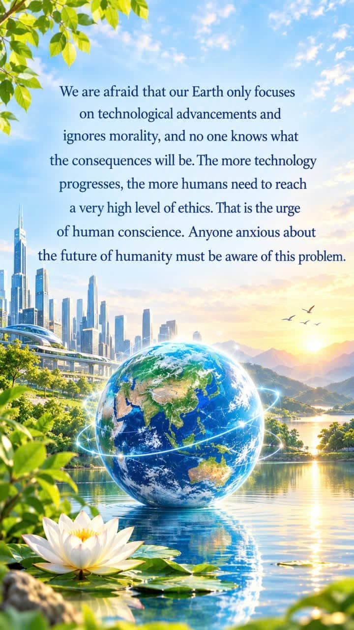 A futuristic city and glowing Earth symbolizing technological advancement, morality, and the future of humanity.