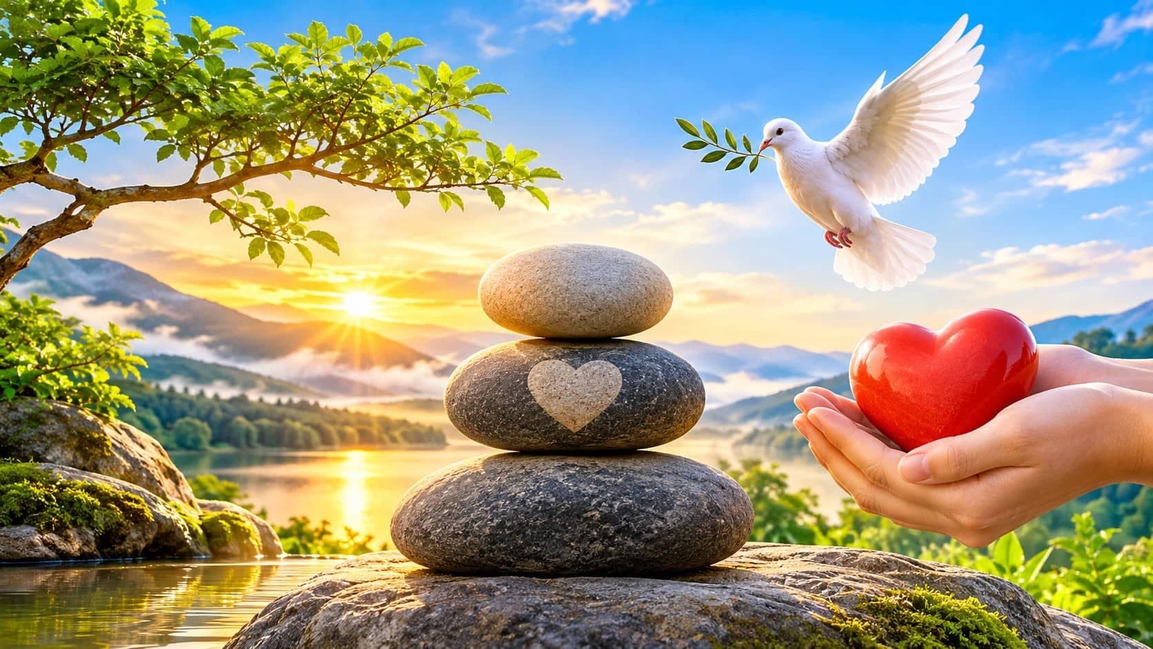 Three elements of kindness represented by calmness, compassion, and love, illustrating the harmony between wisdom and humanity.