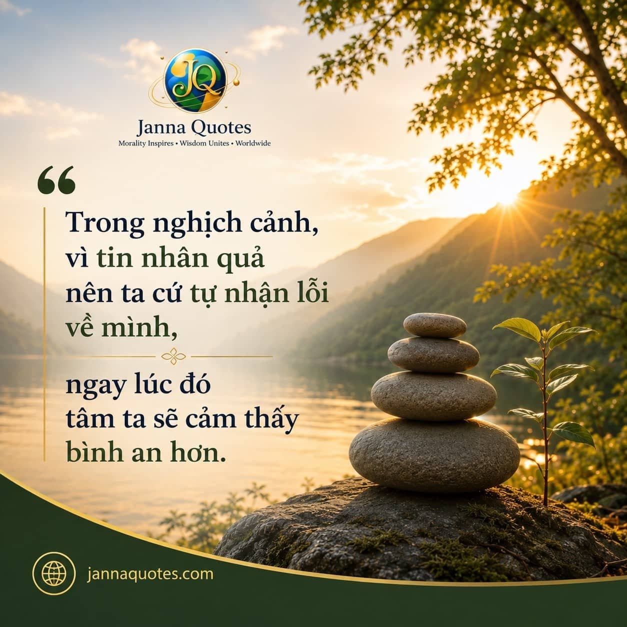 Phong cảnh hồ núi yên bình lúc bình minh với những viên đá xếp chồng và mầm cây xanh, tượng trưng cho nhân quả, trách nhiệm cá nhân và sự bình an trong tâm.