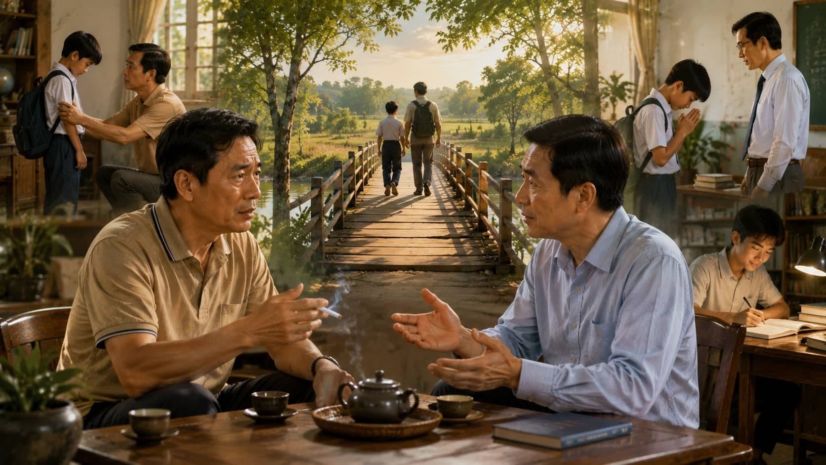 A father and teacher discussing education, symbolizing respect for teachers and building a bridge for children's future.