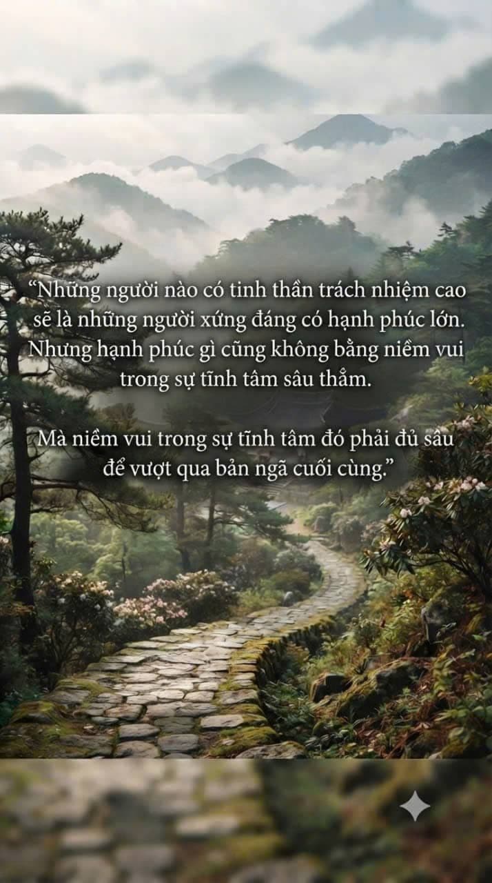 Con đường đá uốn lượn giữa núi non sương mờ yên bình, kèm theo câu danh ngôn ý nghĩa về trách nhiệm và tâm hồn thanh tịnh.