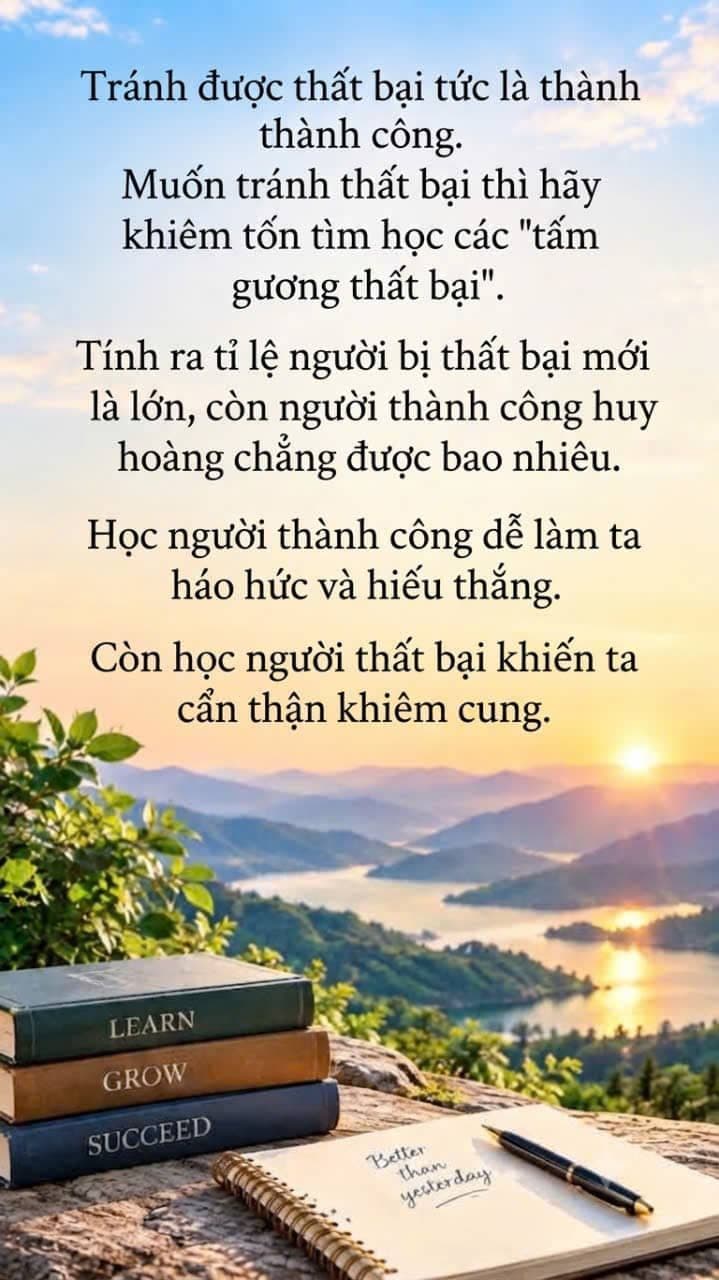 Hình ảnh câu nói truyền cảm hứng về việc học từ thất bại để thành công, lồng ghép trên nền phong cảnh bình minh rực rỡ và sách vở.