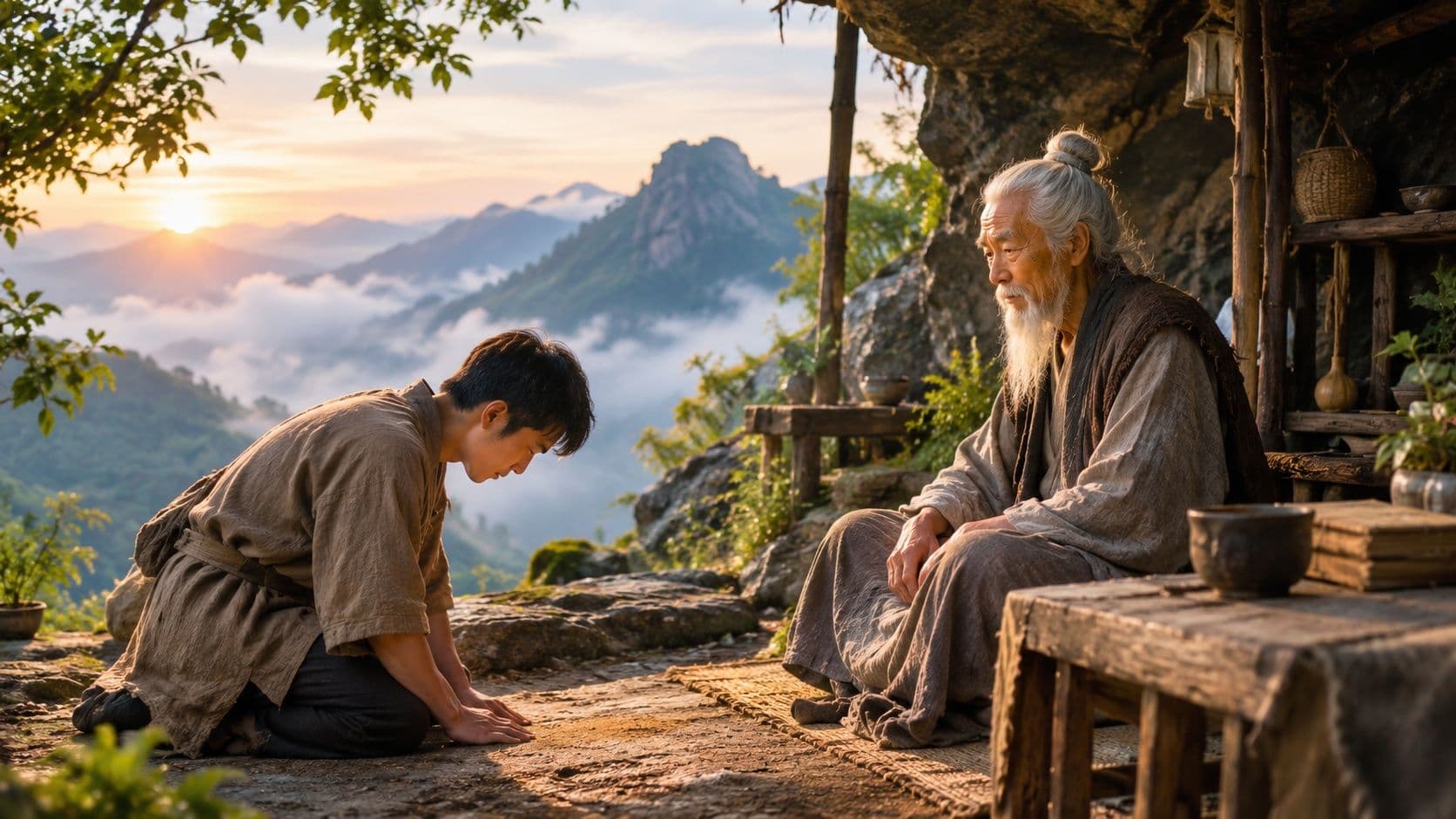 年轻人在深山拜访智慧隐士并领悟超越人性的意义