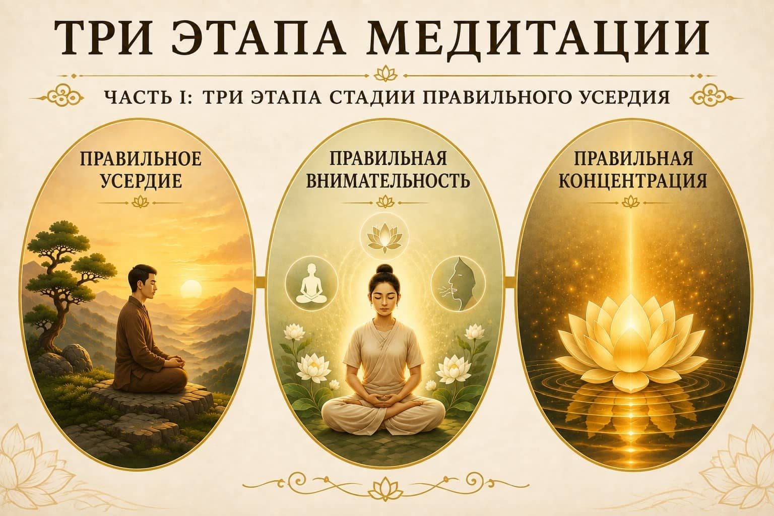 Три этапа медитации: Правильное усердие, внимательность и сосредоточение