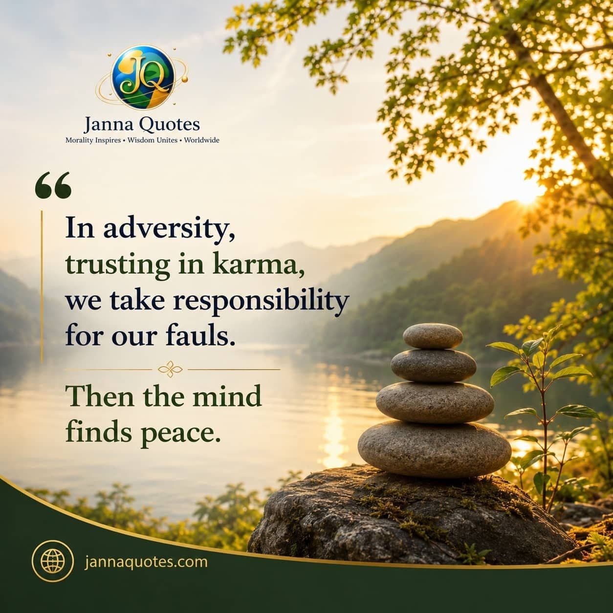 A peaceful mountain lake at sunrise with stacked stones and a young plant, symbolizing karma, personal responsibility, and inner peace.