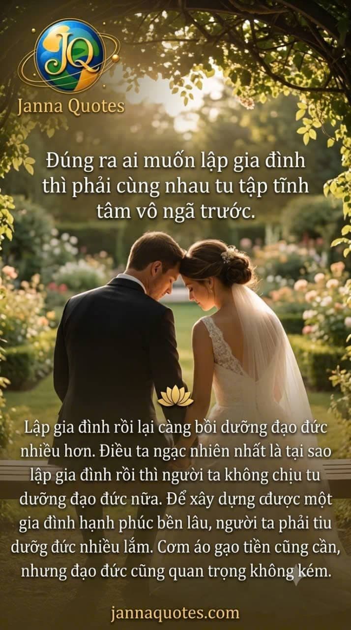Cặp đôi trong trang phục chú rể và cô dâu nắm tay nhau trong khu vườn tràn ngập ánh nắng cùng câu danh ngôn về đạo đức hôn nhân.