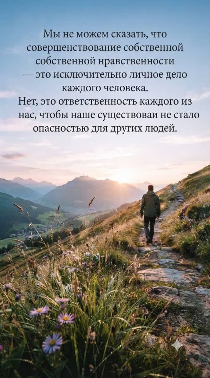 Мотивирующее изображение с пейзажем утренних гор и цитатой о нравственности и ответственности за свое существование перед обществом.
