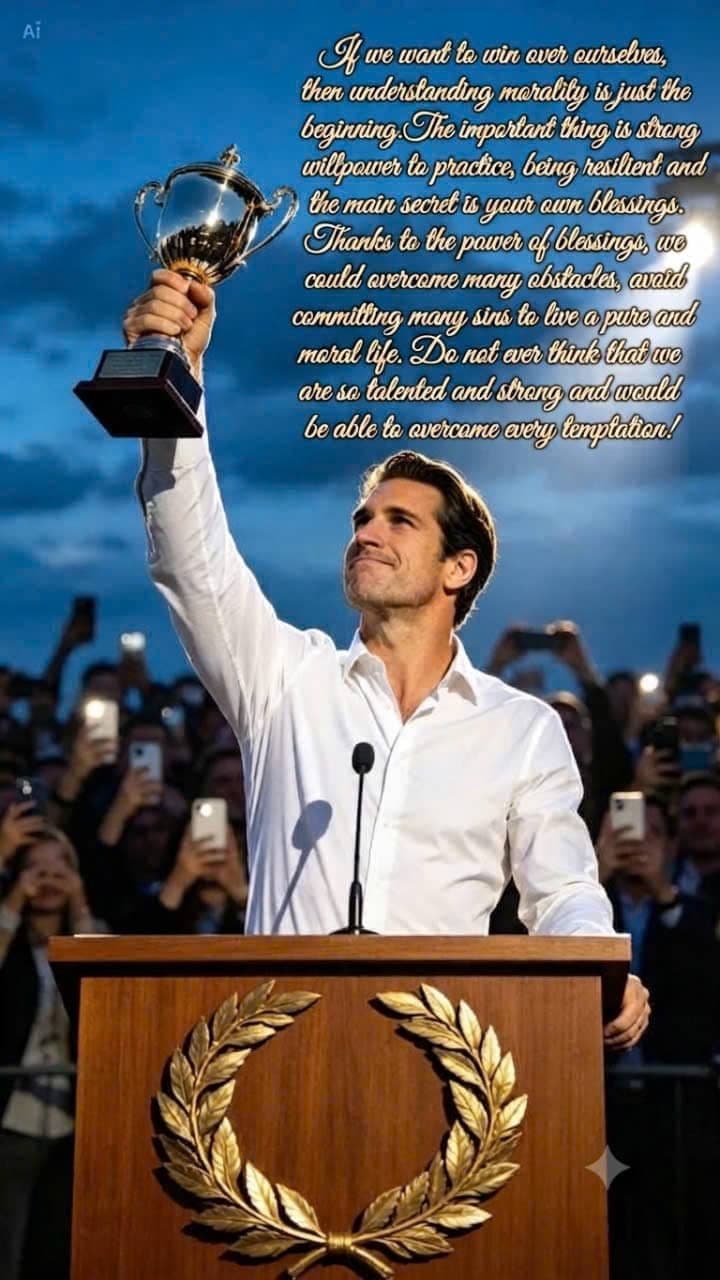 A man holds up a championship trophy at a podium with an inspirational message about morality and blessings.