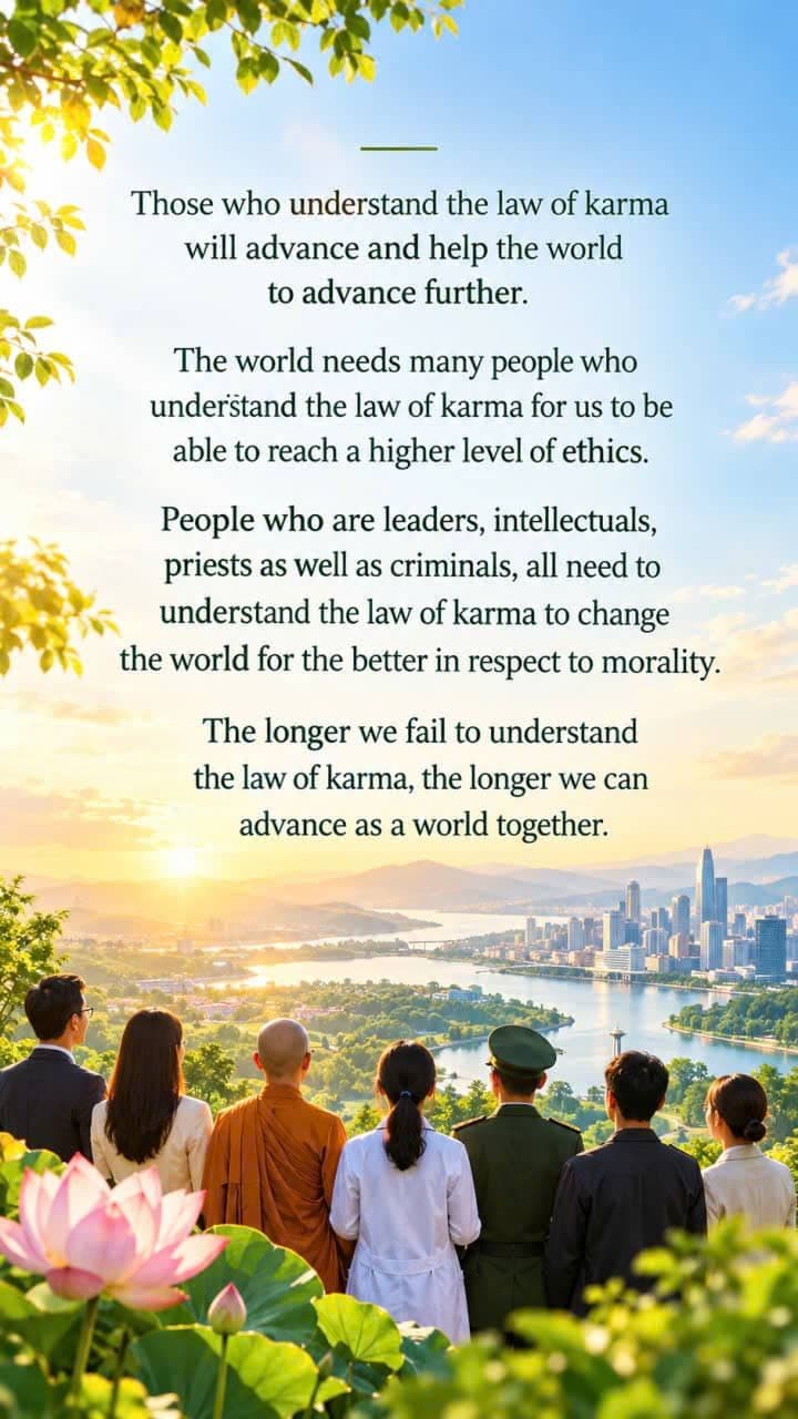 People from different backgrounds looking toward a modern city at sunrise, symbolizing understanding the law of karma, morality.
