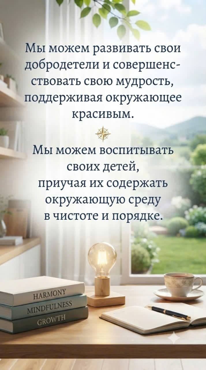 Вдохновляющее изображение о развитии добродетели и мудрости через чистую и красивую окружающую среду с книгами, лампой, блокнотом и садом.