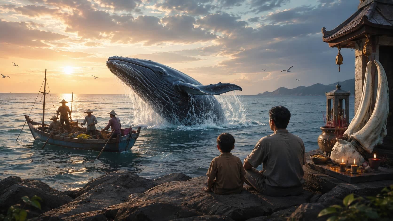 Whale emerging from the ocean near fishermen, symbolizing spirituality, compassion, nature, and human responsibility