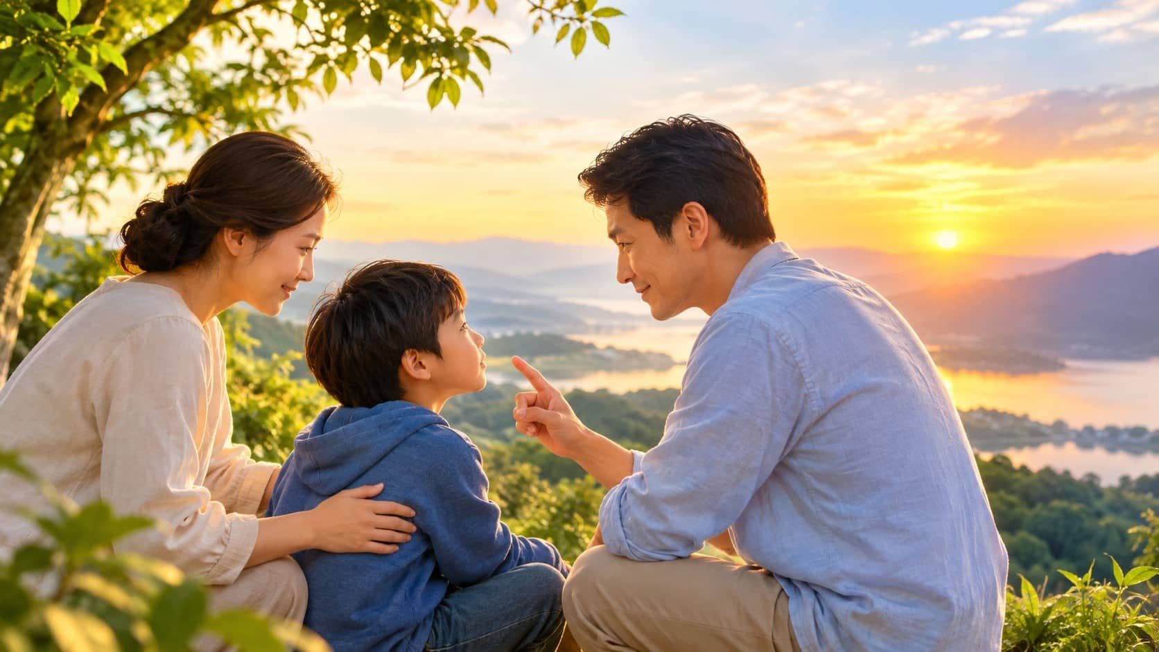 A parent gently guiding a child, symbolizing the balance between love, compassion, discipline, and the truth of life.
