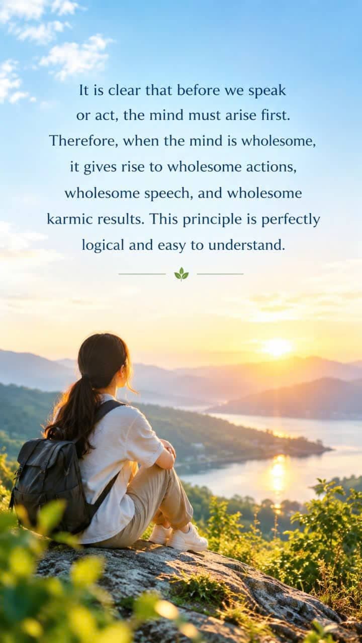 A peaceful person with a wholesome mind giving rise to kind speech, positive actions, and good karmic results.