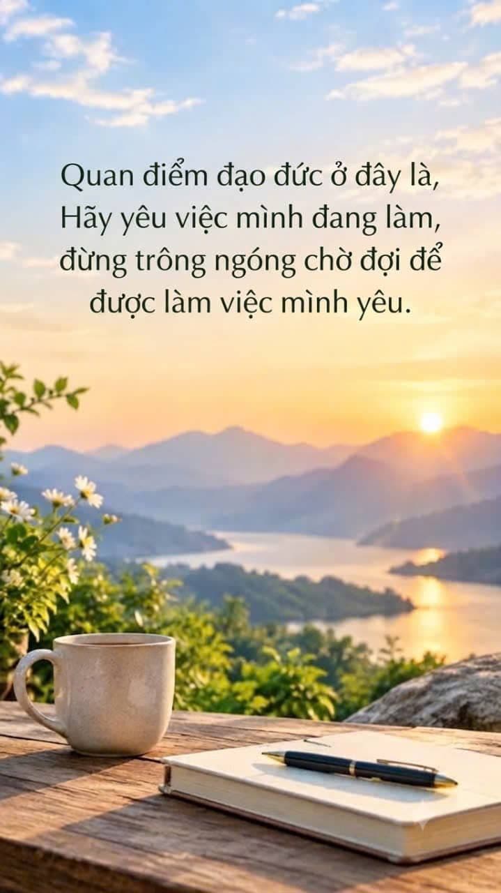 Khung cảnh bình minh yên bình trên núi và hồ với tách cà phê, quyển sổ và cây bút, thể hiện thông điệp hãy yêu điều mình đang làm. 🇯🇵 日本語