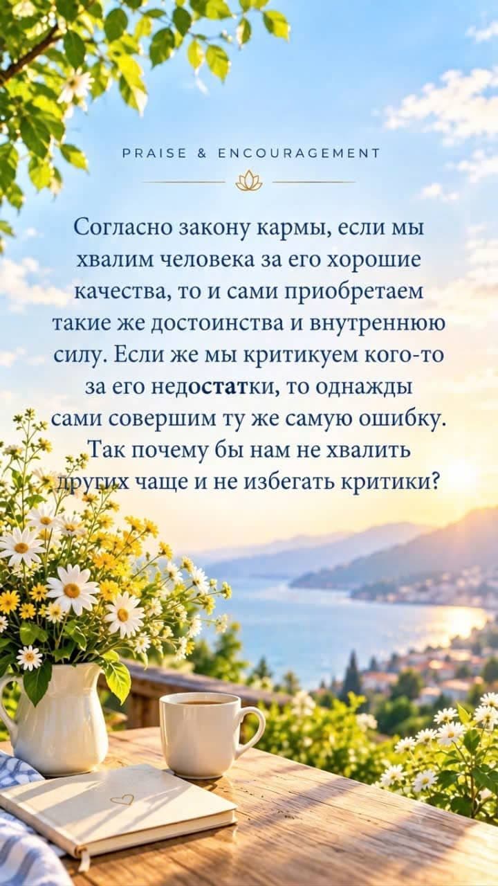 Вдохновляющий образ, символизирующий закон кармы и призывающий замечать и хвалить хорошие качества других, избегать критики и развивать.