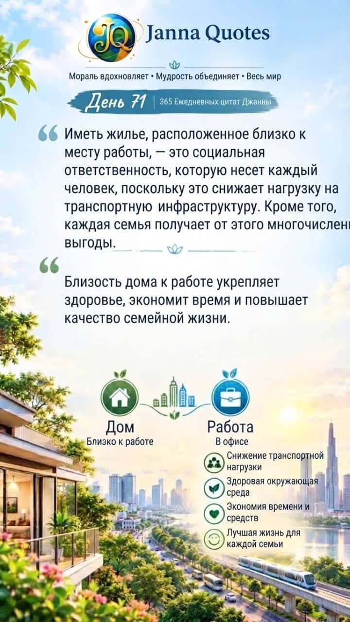 Инфографика Janna Quotes (День 71) о проживании рядом с работой, снижении транспортной нагрузки и пользе для семьи.